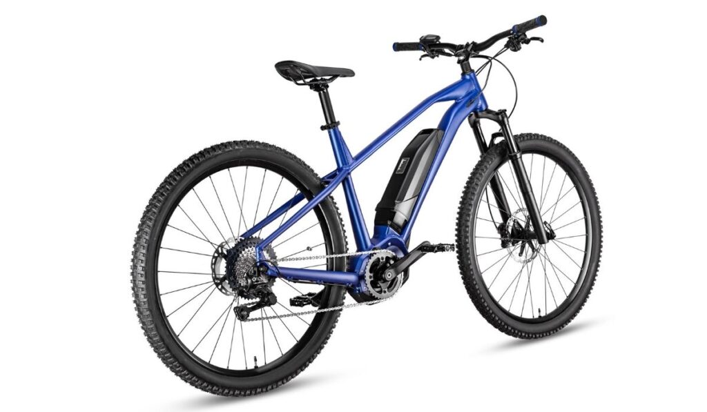 Blue modern mid drive motor e bike pedelec with electric engine middle mount. battery powered ebike isolated white background