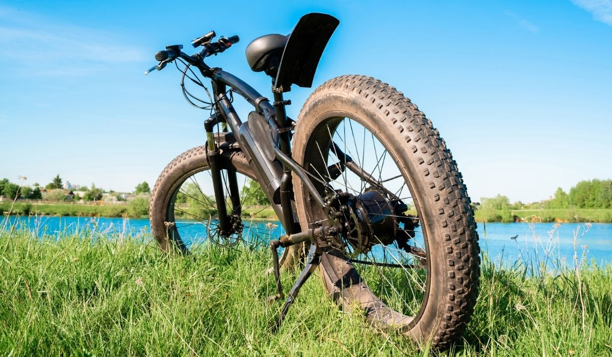 Electric Bike with Big Tire sitting on grass