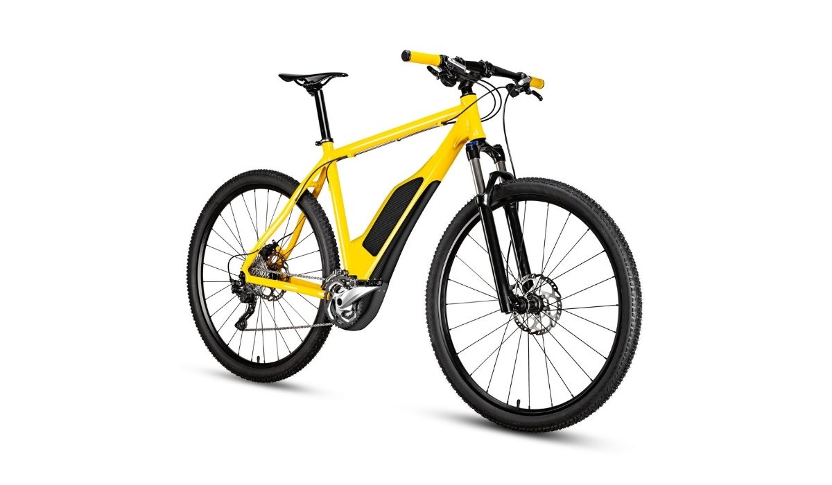 Fantasy fictitious design of yellow ebike pedelec with battery powered motor bicycle moutainbike