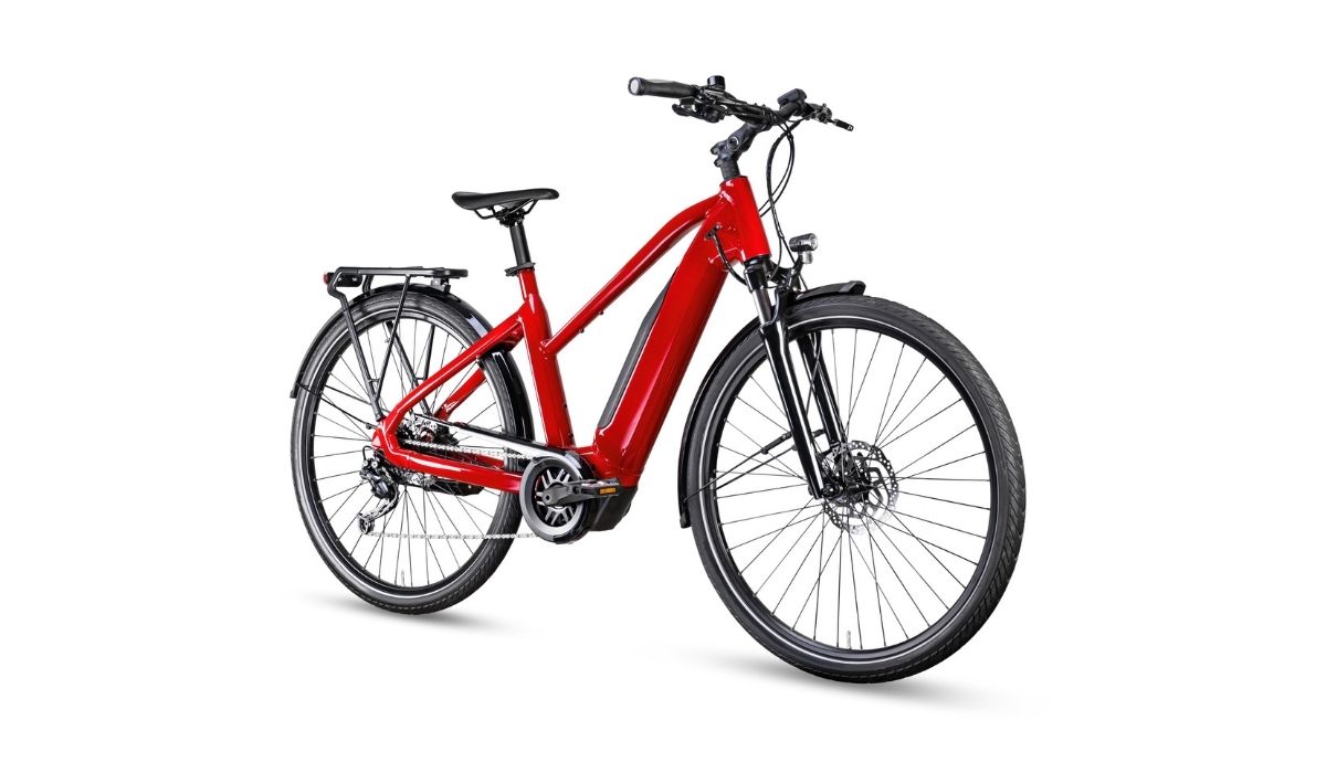 Red modern mid drive motor city touring or trekking e bike pedelec with electric engine middle mount