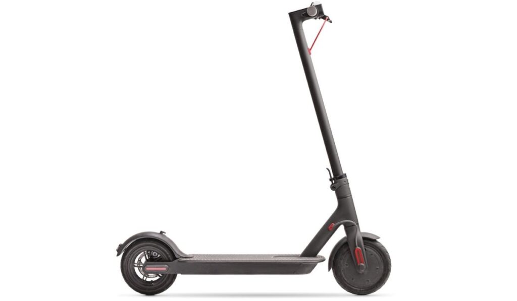 Studio shot of a gray electric scooter